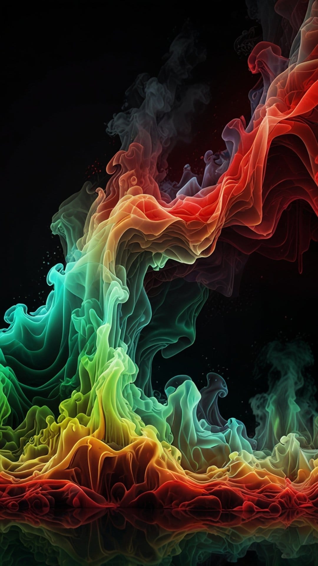 Rainbow-colored smoke plumes swirl against a dark background with flowing gradients of red, blue, and yellow.