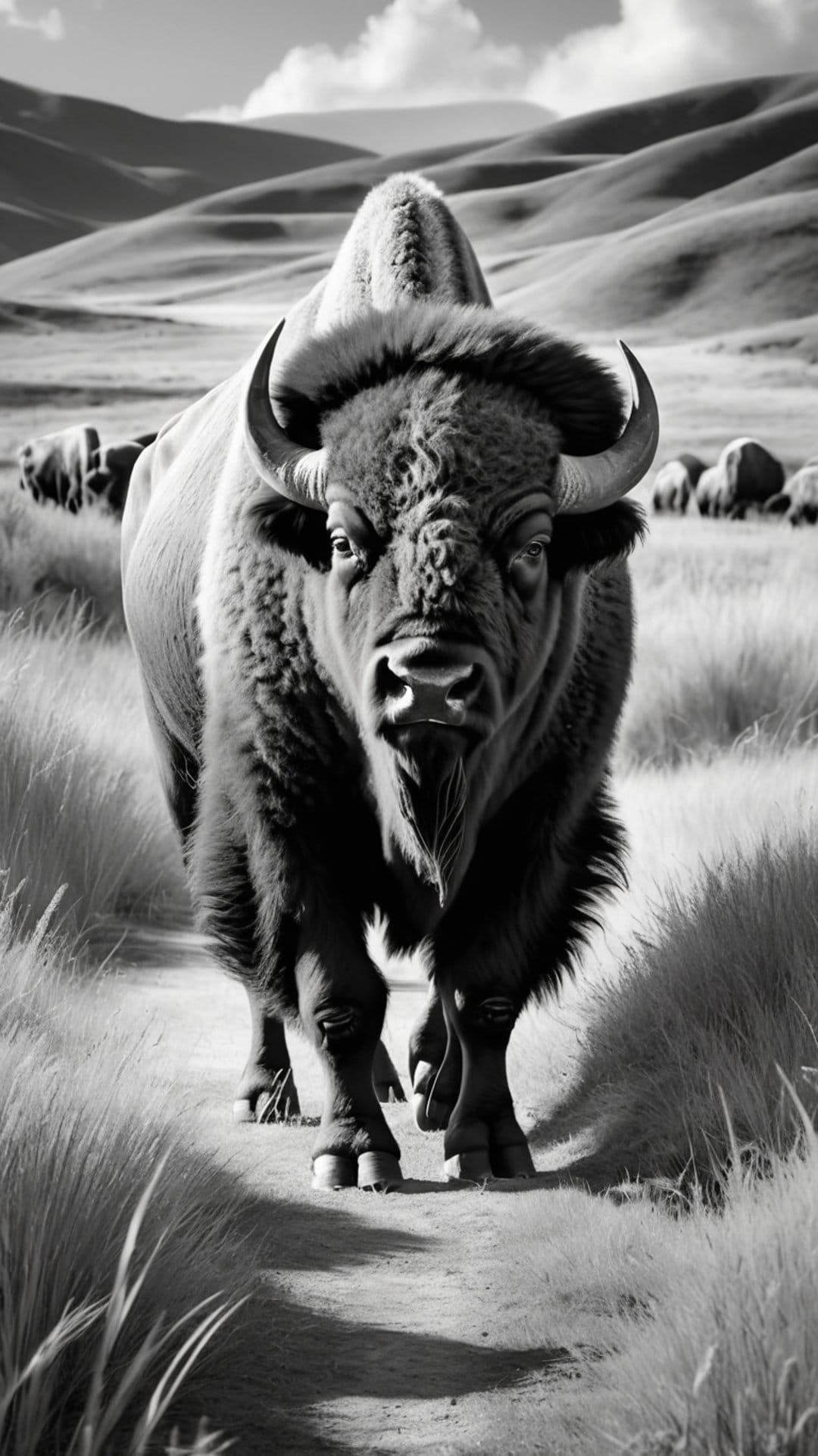 Bison with curved horns and shaggy fur stands on a dirt trail amidst tall grass and rolling hills in monochrome.