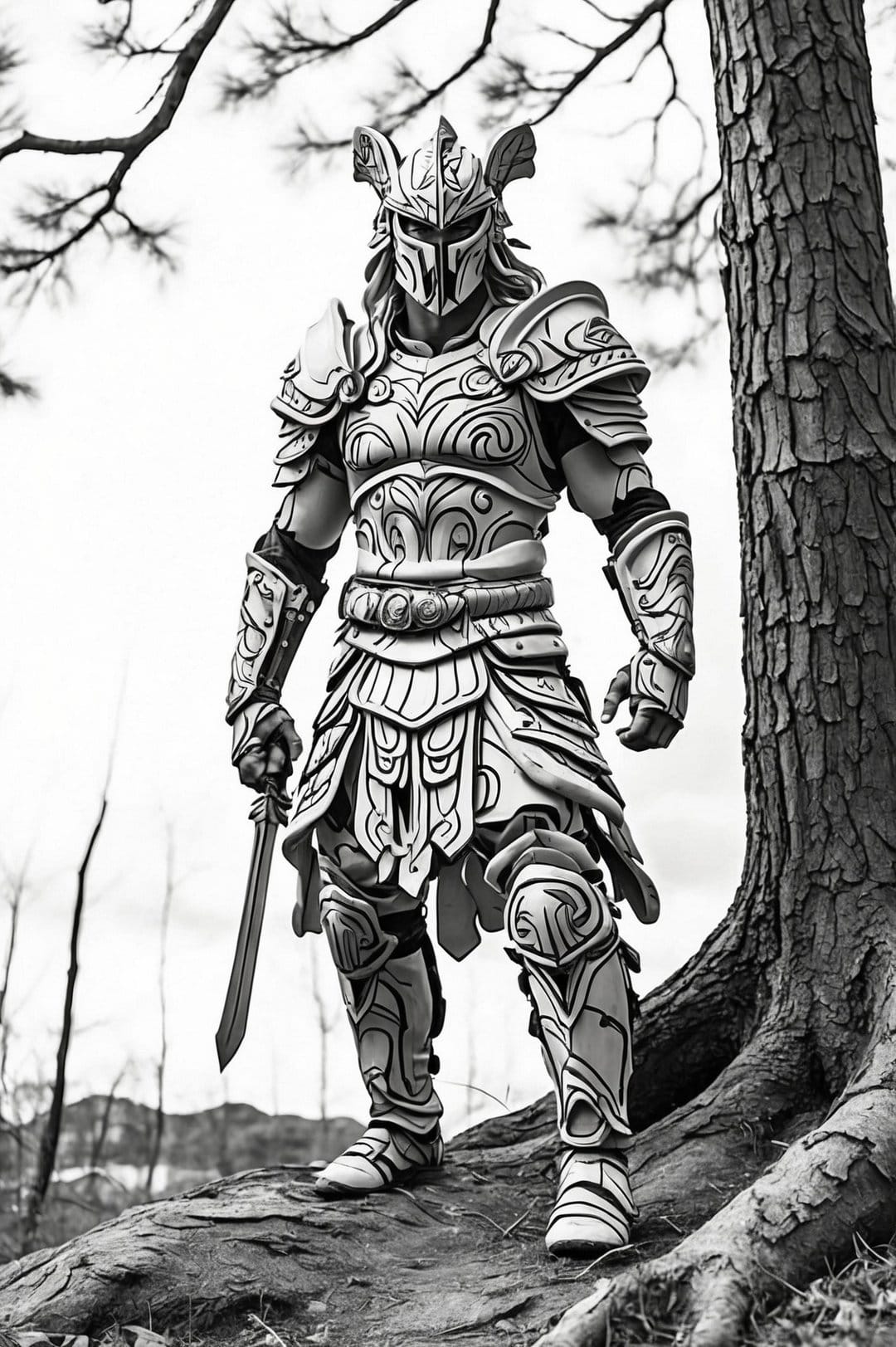 Warrior in engraved plate armor grips a sword while standing against a thick tree trunk in a misty forest.