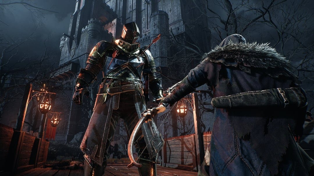 Hooded archer faces a massive armored knight on a wooden bridge before a dark gothic castle at night.
