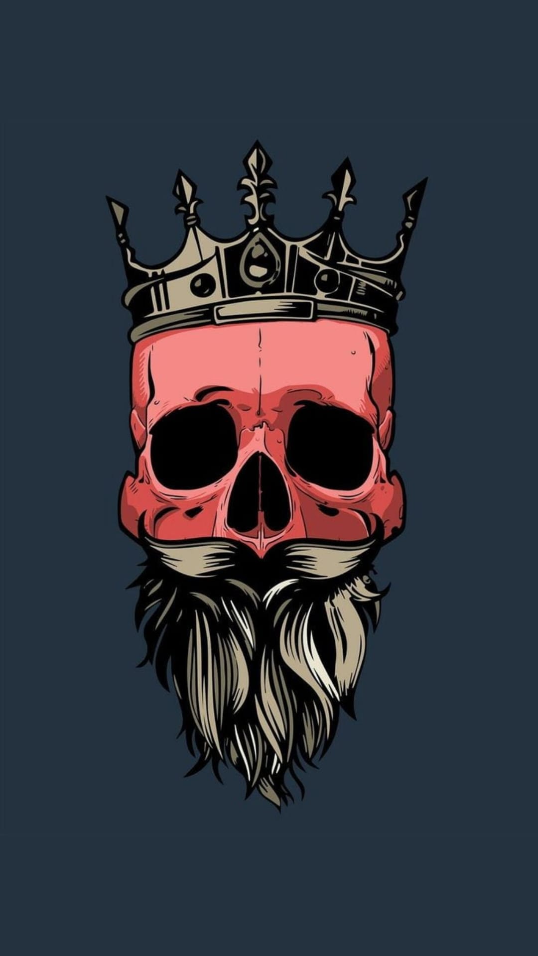 Pink skull with a golden crown and full beard set against a dark background in a bold tattoo art style.