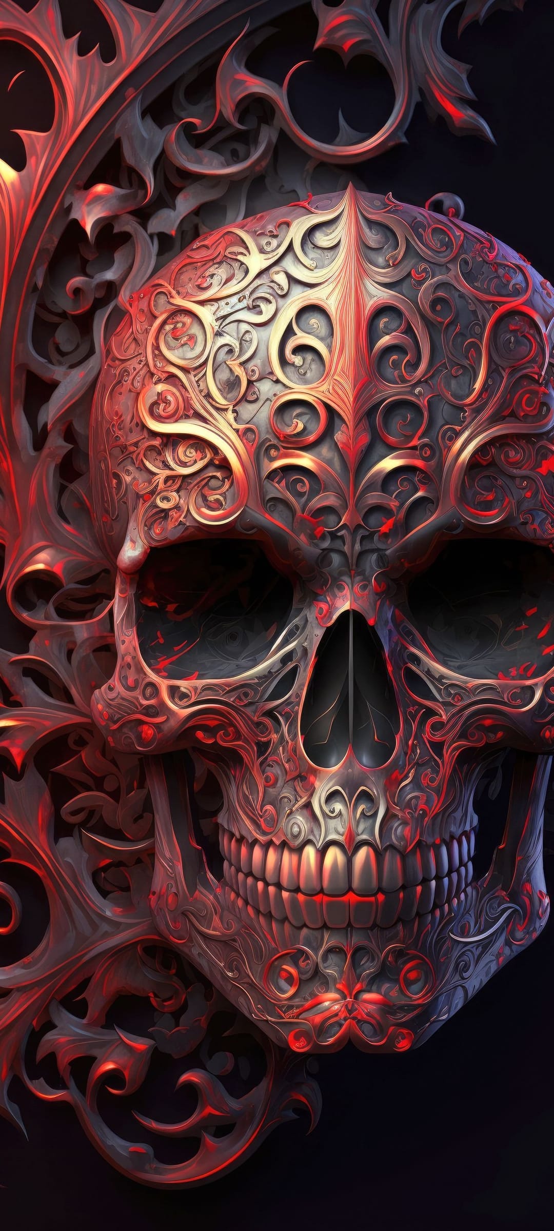 Skull with red and gold filigree carvings, featuring dramatic side-lighting and deep shadows on a dark background.