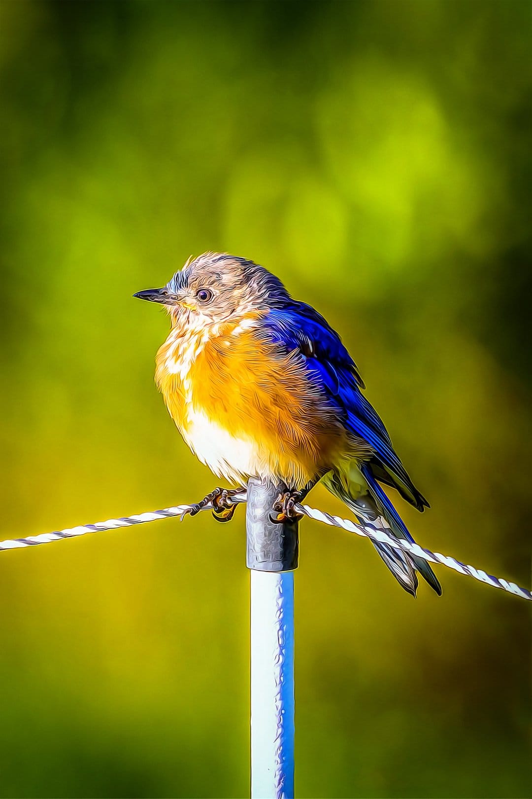Eastern Bluebird with azure feathers and an orange chest perched on a wire against a blurred green background.