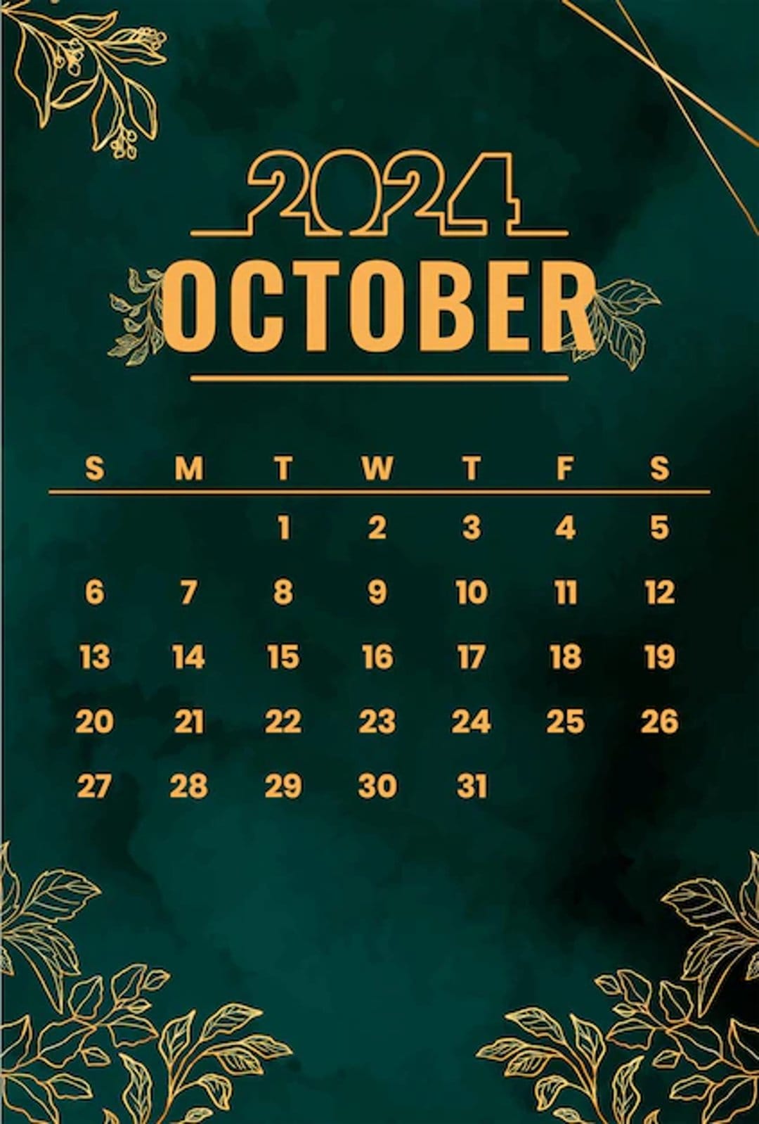 October 2024 calendar grid centered on a dark green watercolor background with gold botanical leaf accents.