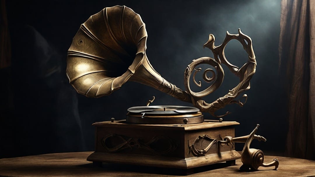 Antique brass gramophone with a flared horn sits on a dark wooden table surrounded by dramatic smoky shadows.