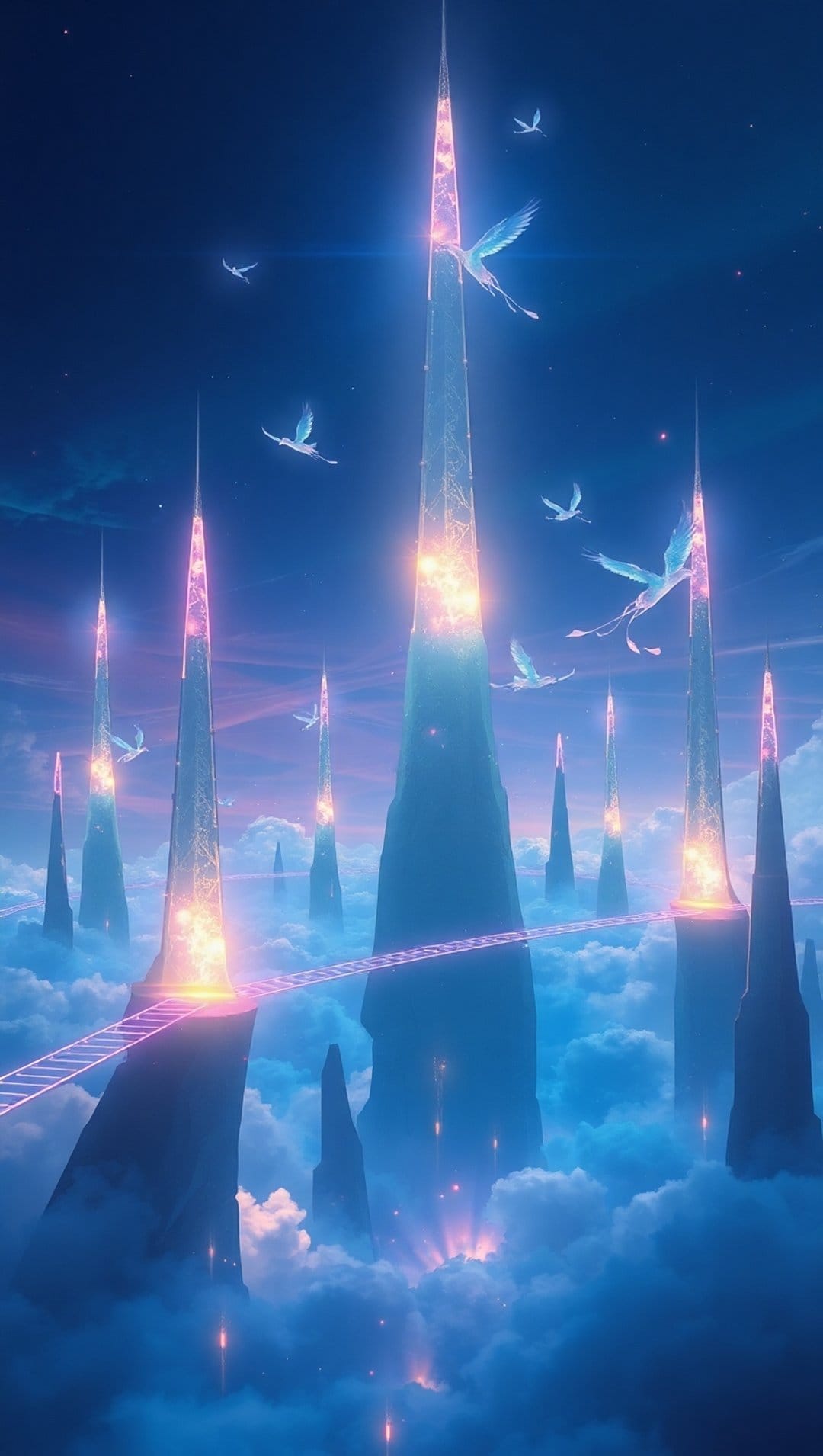 Crystalline spires glowing with light rise through soft clouds while winged creatures soar in a twilight sky.