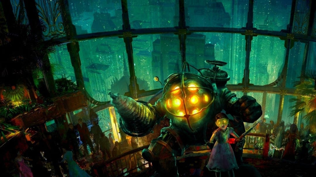 Big Daddy with a drill arm and a Little Sister standing before large windows overlooking an underwater green city.