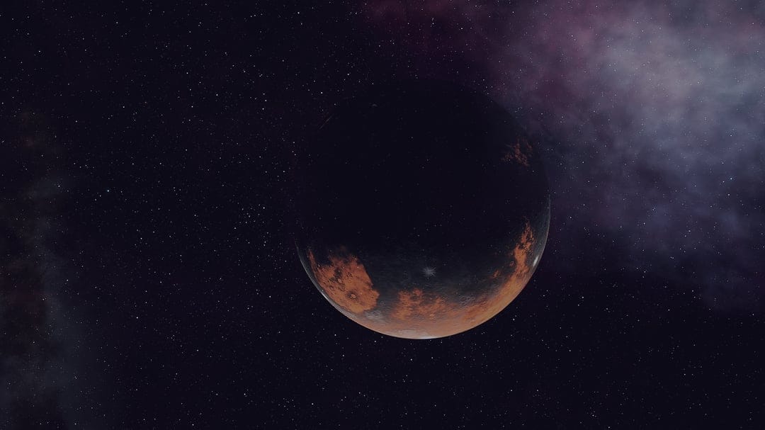 Crimson planet with textured craters partially shadowed amidst swirling purple and pink cosmic nebulae and stars.