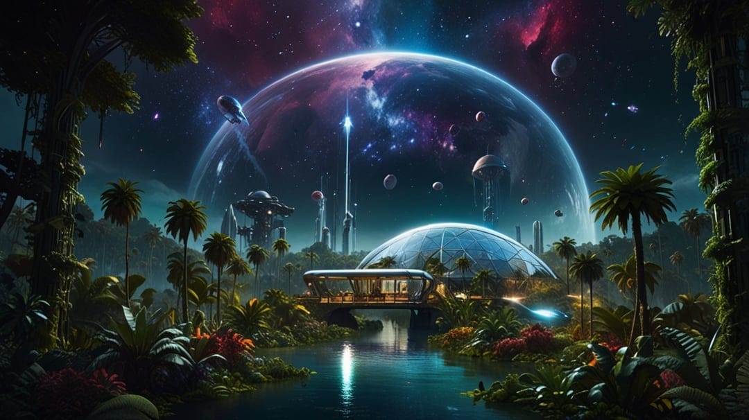 Futuristic domed city nestled in a bioluminescent jungle under a massive glowing planet in a starry sky.