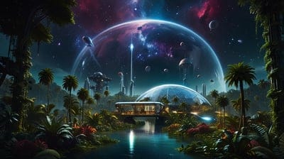 Cool,Dark,Alien,Habitat,Planet,Whimsical,Forest,Greenery,Space,Spaceships,Flowers