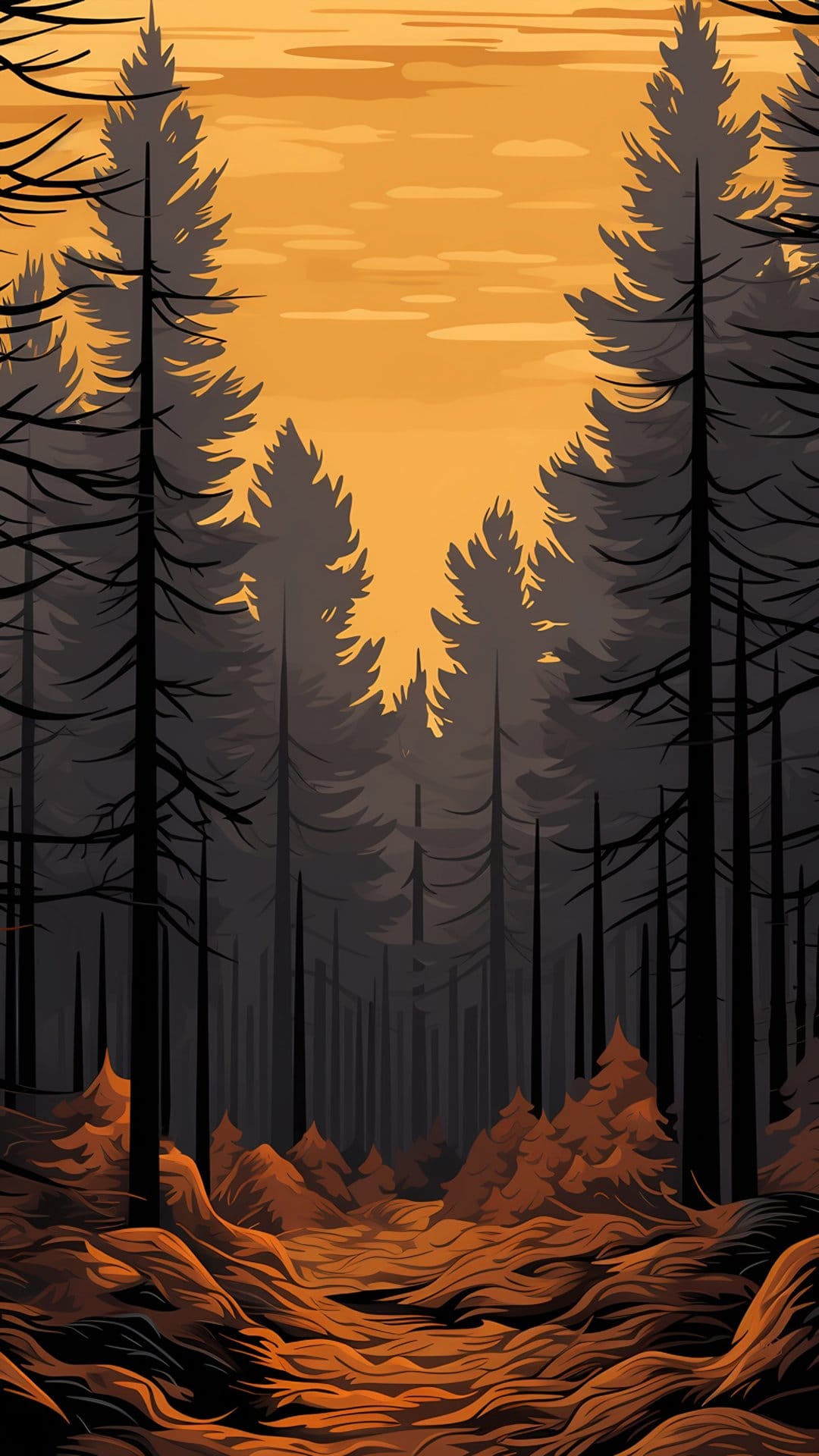 Tall pine tree silhouettes rise over a needle-covered forest floor under a vibrant orange sunset sky.