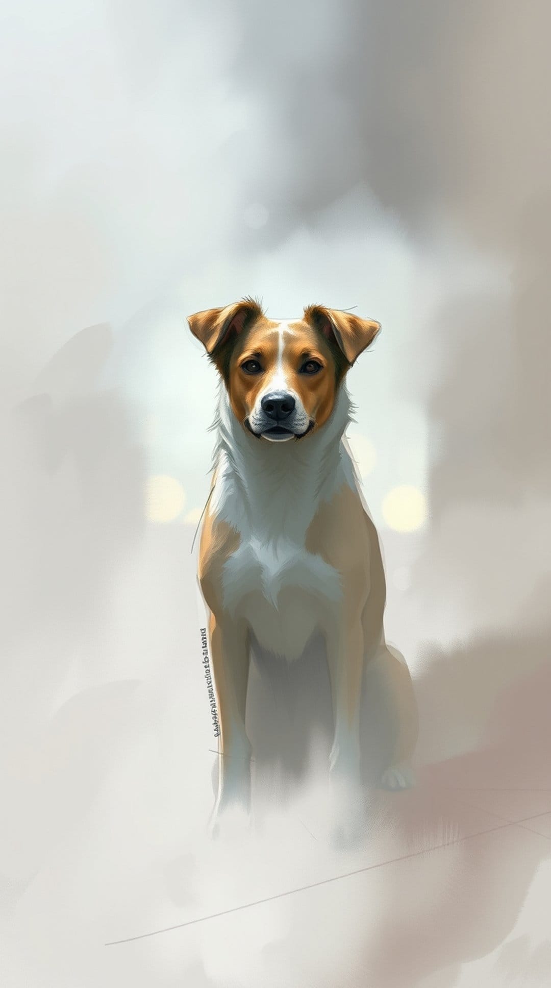 Brown and white dog sitting with perked ears and soulful eyes against a soft-focus background of golden light.