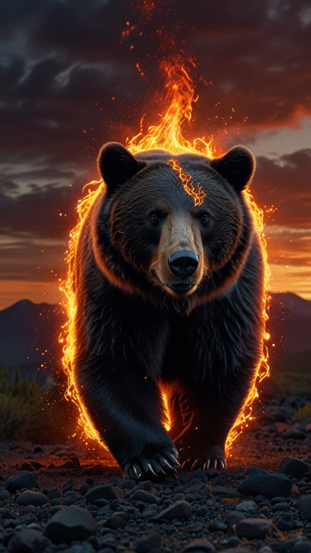 Flaming grizzly bear walking through dark mountains at sunset with glowing embers and a vibrant orange silhouette.