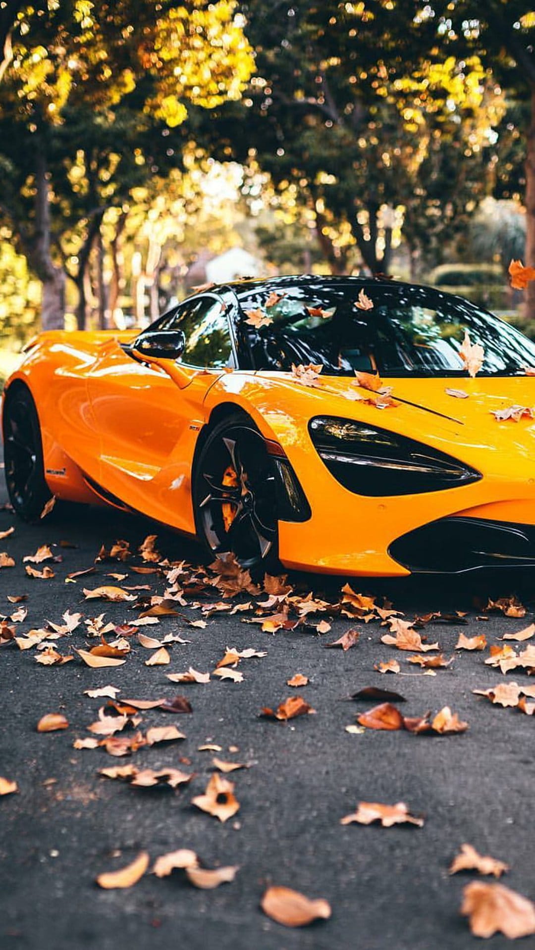 Orange McLaren 720S parked on an asphalt road covered in yellow and orange autumn leaves near golden forest trees.