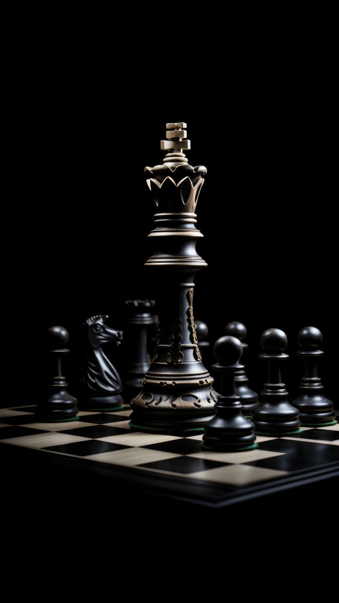 Black chess king with ornate carvings stands on a checkered board under dramatic low-key lighting.