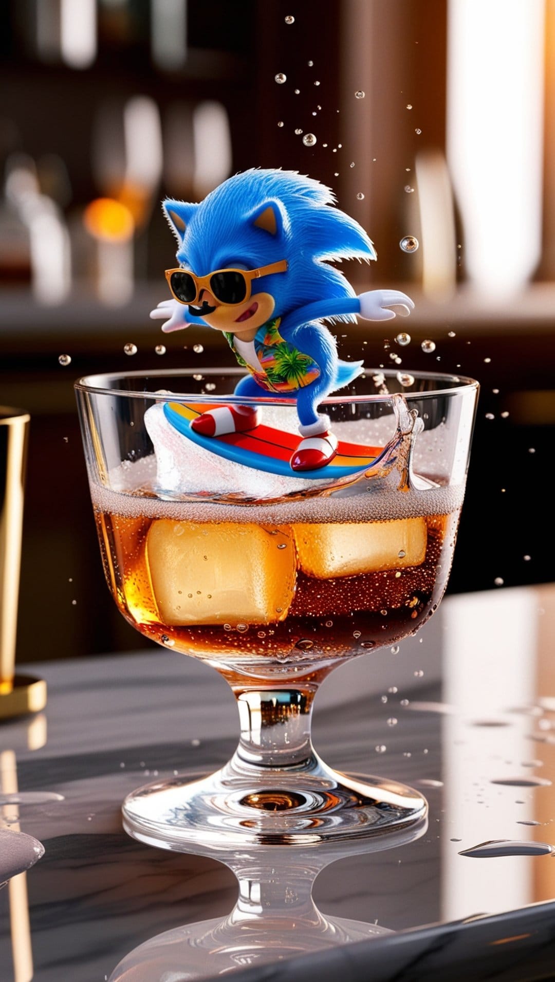 Sonic the Hedgehog wearing sunglasses and a Hawaiian shirt surfs on an ice cube inside a fizzy glass of cola.