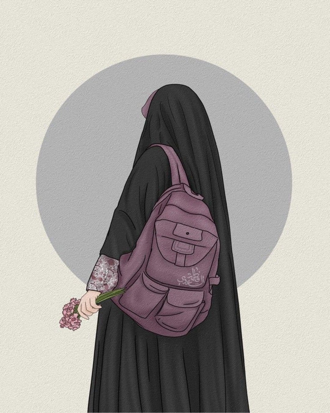 Woman in a black hijab and abaya holds pink flowers with a purple backpack against a grey circular backdrop.