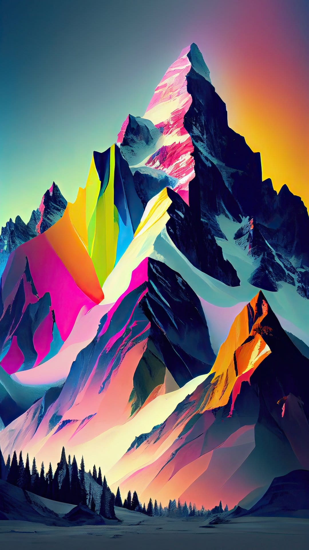 Crystalline mountain peaks in neon magenta and yellow glow against a teal and orange sunset gradient sky.