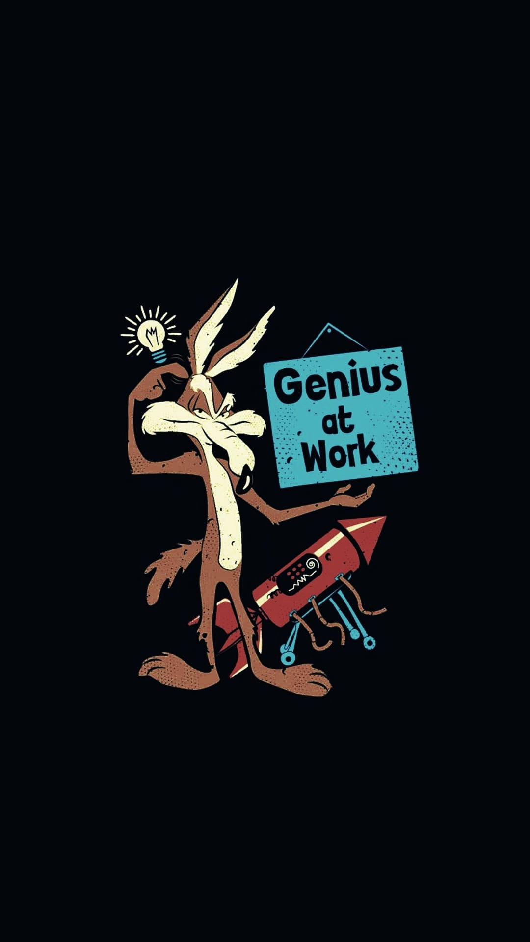 Wile E. Coyote stands by a complex rocket holding a sign that says Genius at Work with a lightbulb above him.