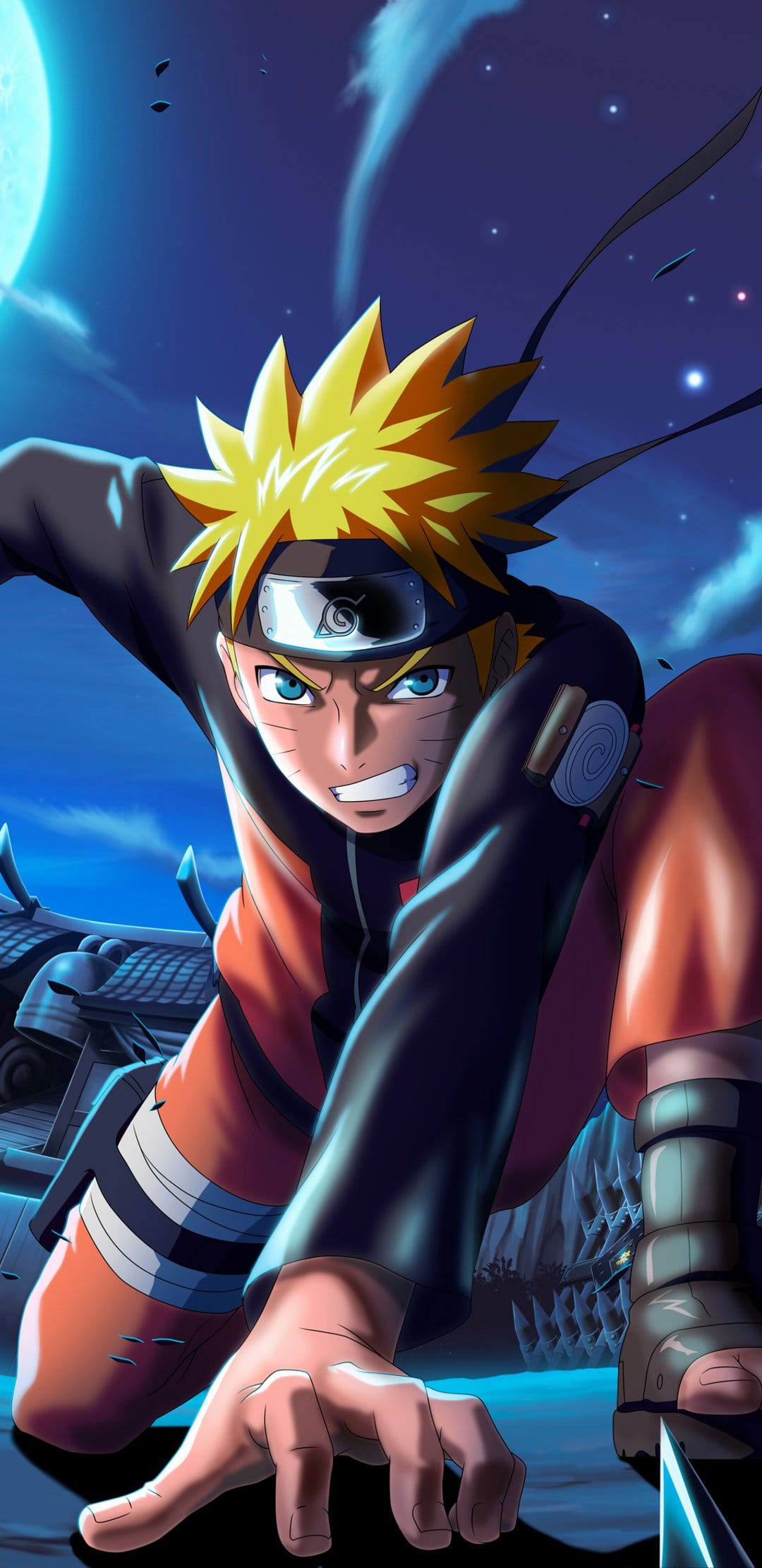 Naruto Uzumaki crouches on a rooftop under a bright full moon and starry night sky in his orange ninja outfit.