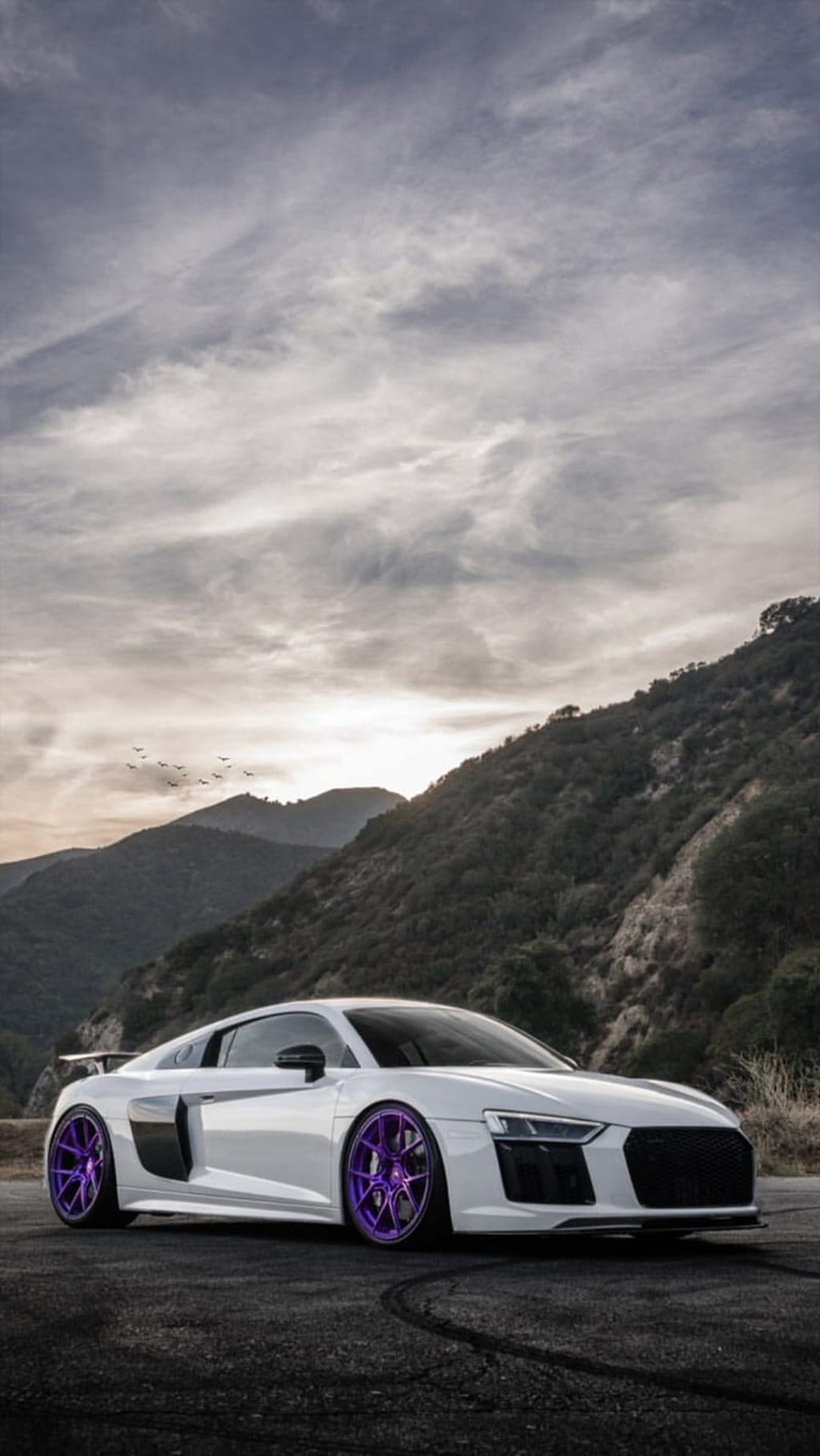 White Audi R8 with purple rims on a mountain road with birds in a cloudy sky, low-angle phone wallpaper.