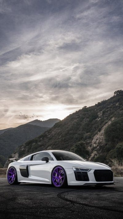 Purple Wheels, audi, r8, white, car, supercar, sports, america, new, mountains, mobile wallpaper, android wallpaper, iPhone wallpaper, phone wallpaper