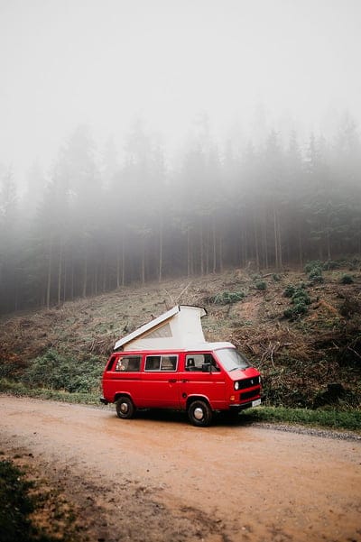 van, car, red, fog, nature, travel, mobile wallpaper, android wallpaper, iPhone wallpaper, phone wallpaper