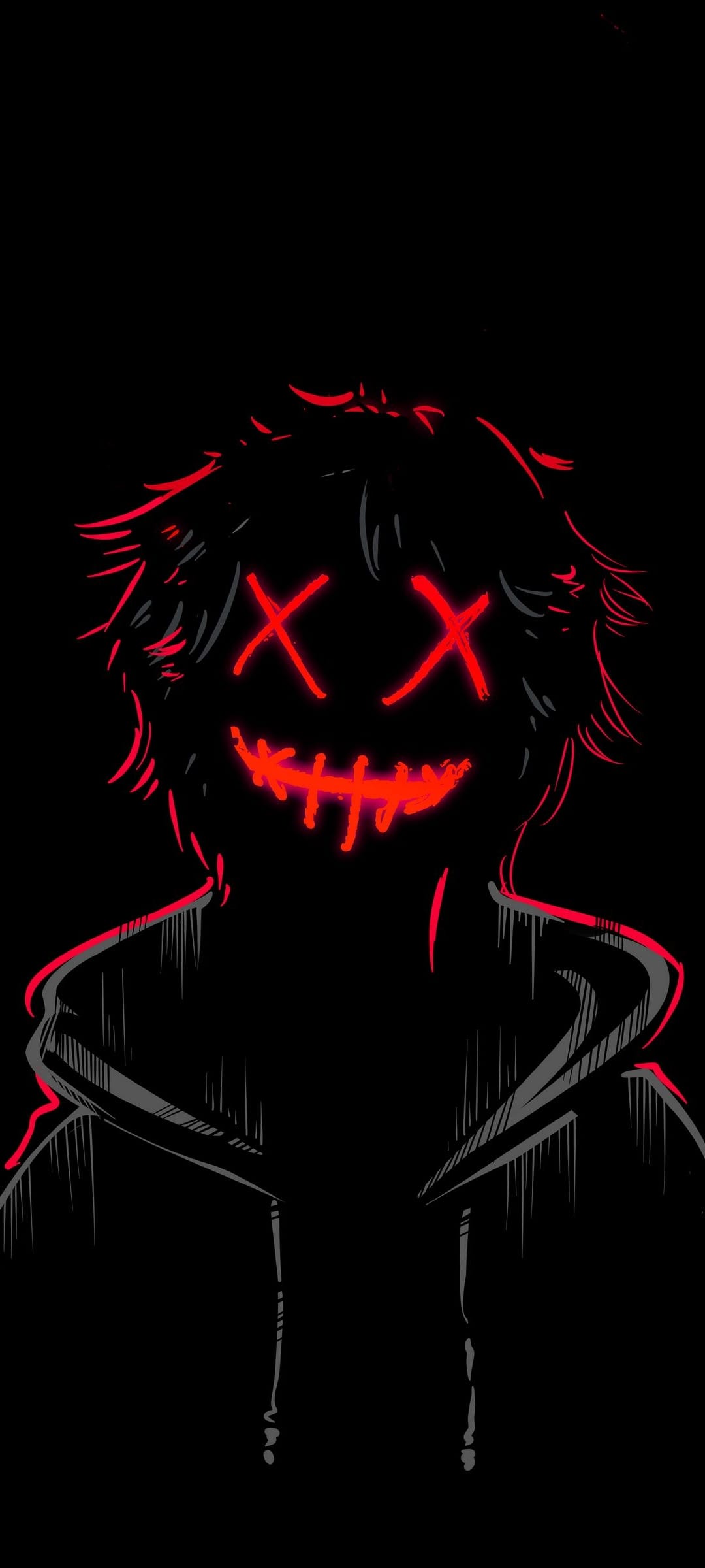 Masked figure in a black hoodie with glowing red X eyes and a stitched smile against a dark background.