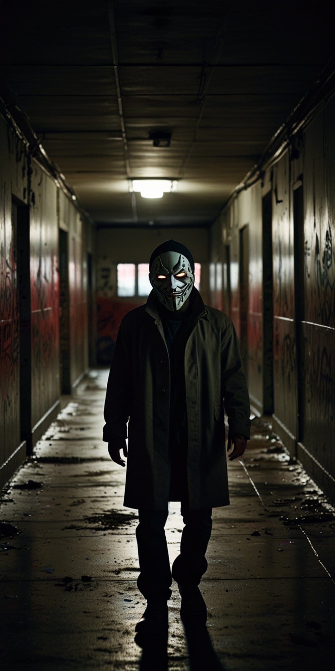 Masked figure with glowing white eyes stands in a dark hallway with red graffiti and wet, reflective floors.