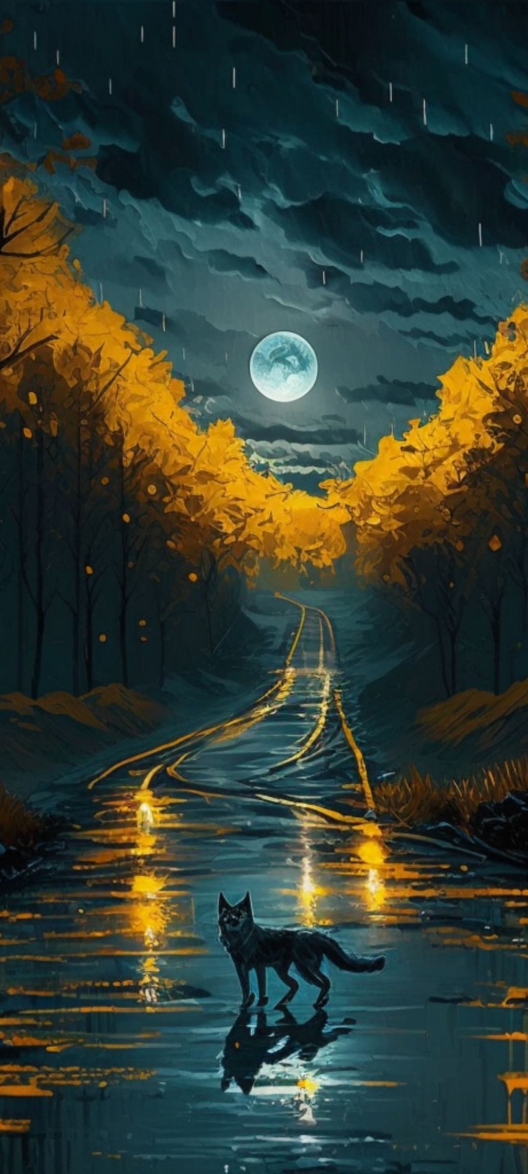 Black wolf standing on a reflective wet road under a glowing full moon surrounded by yellow autumn trees.
