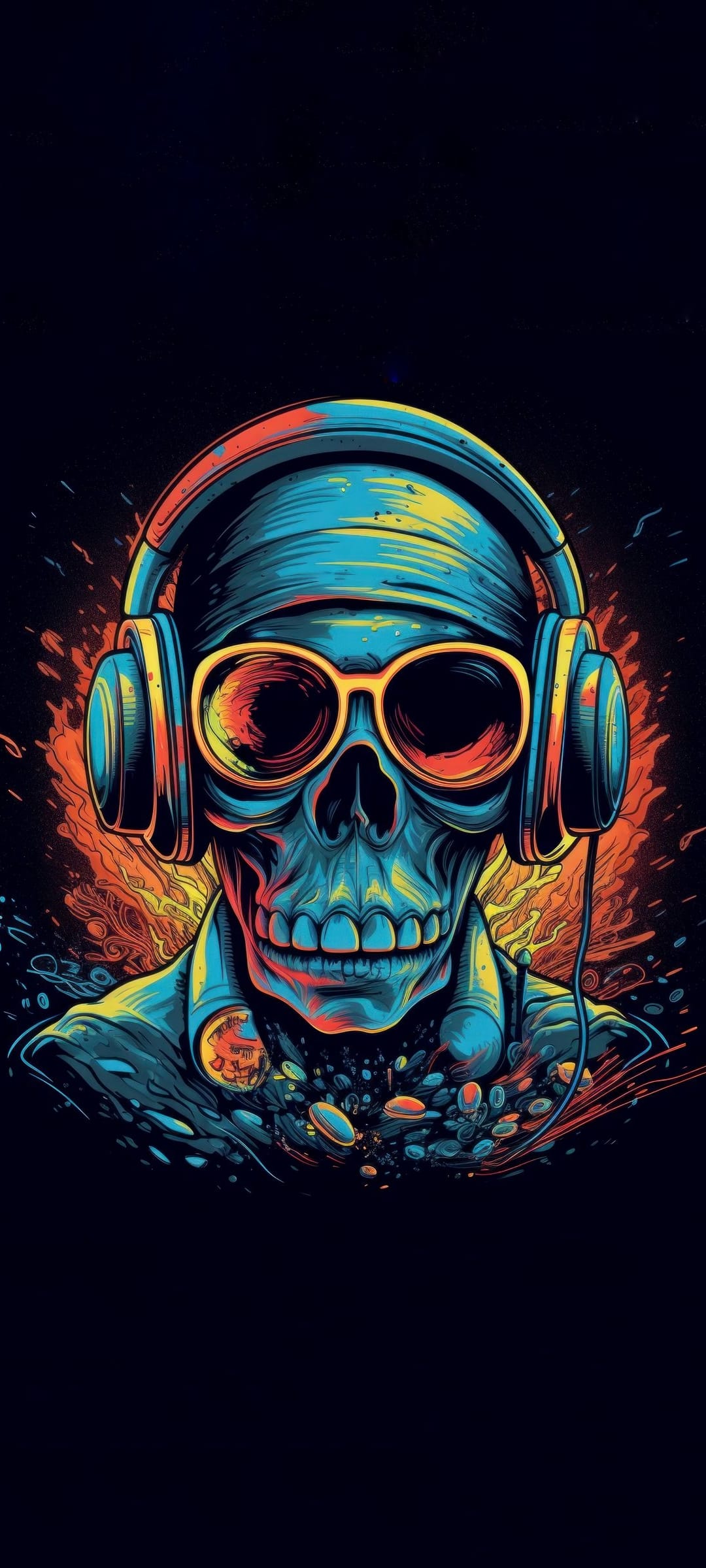 Skeleton wearing blue-tinted sunglasses and large headphones against a fiery orange and yellow background.