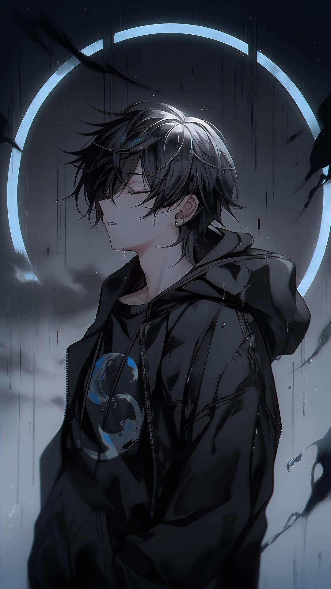 Young man with closed eyes wears a black hoodie while a glowing blue ring and rain fall in the dark background.