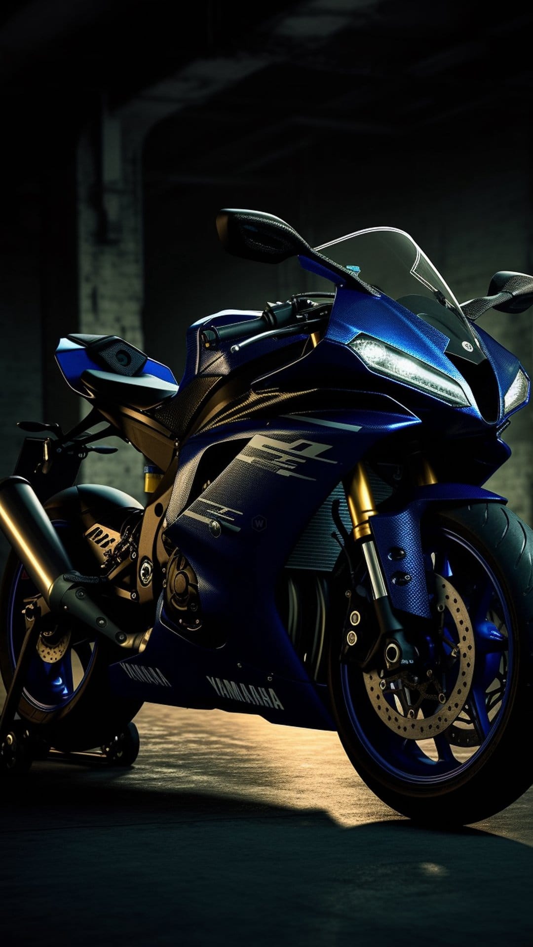 Blue Yamaha motorcycle with LED headlights and gold forks parked in a dark, atmospheric studio setting.