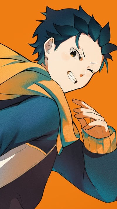 Re-Zero, Subaru Natsuki, character, cheerful, determined, wink, grin, iconic, orange, blue, tracksuit, anime, fan art, isekai, cool, confident, manga, protagonist, Rem, Emilia, happy