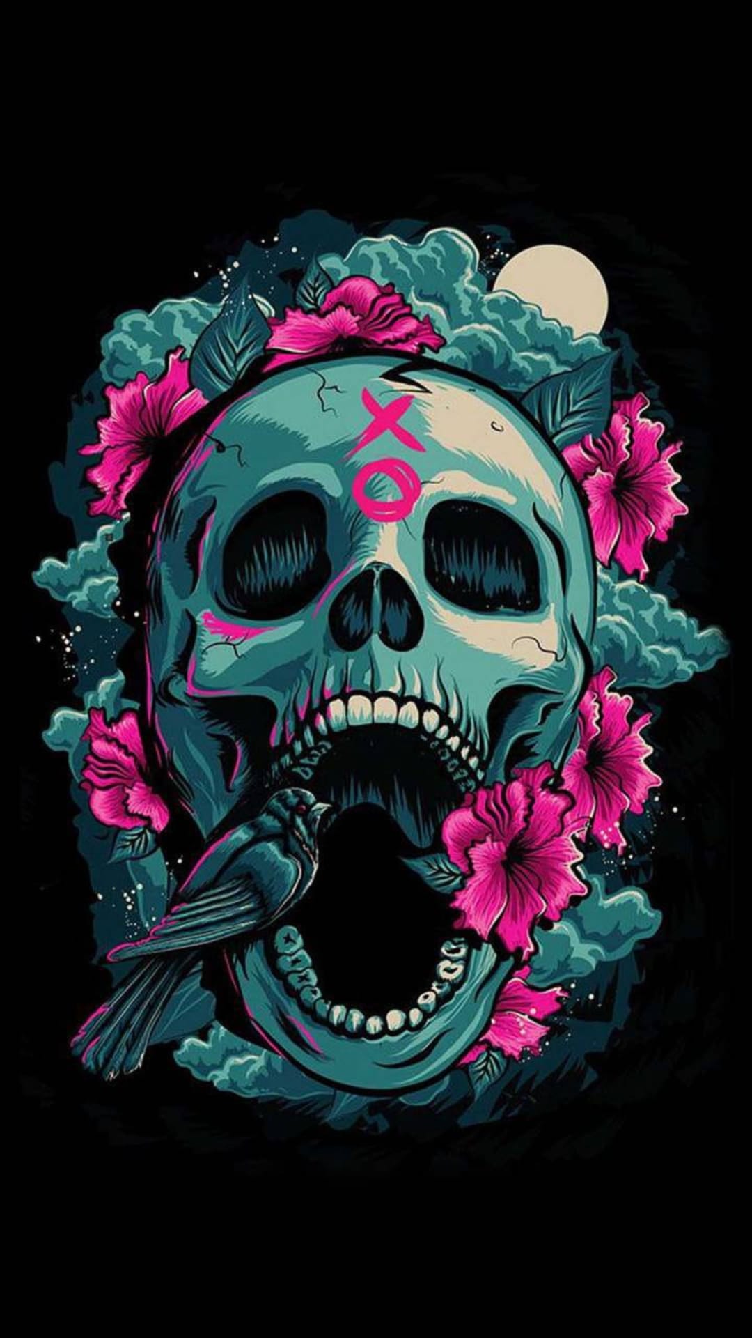 Teal skull with an XO symbol and pink hibiscus flowers under a pale moon and dark clouds in a night sky.