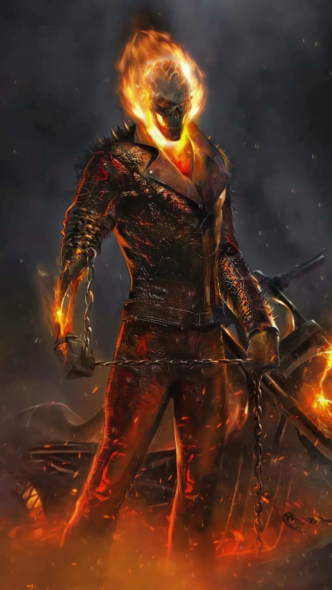 Ghost Rider on a motorcycle with a flaming skull and metallic chains amidst swirling orange and yellow embers.