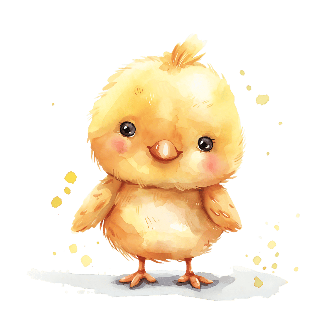 Yellow baby chick watercolor illustration featuring fluffy feathers and paint splatters on a transparent base.