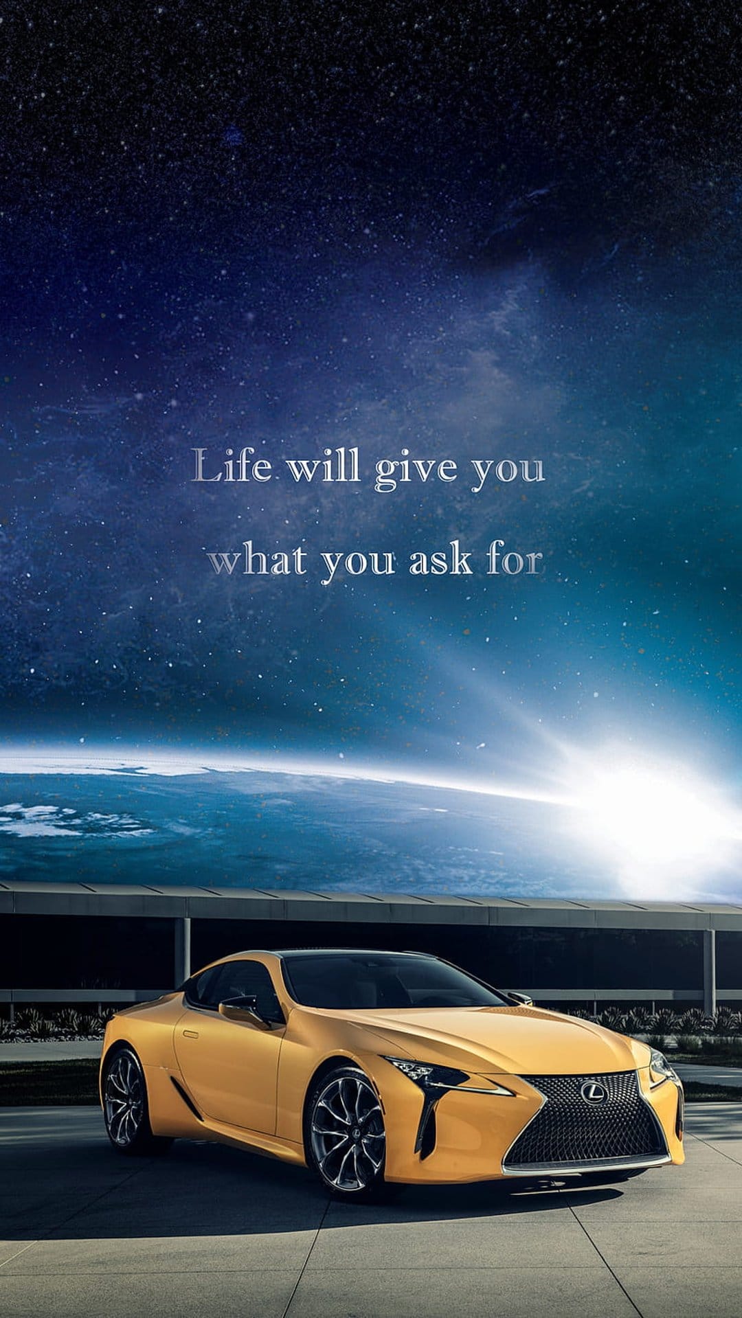 Yellow Lexus LC coupe parked by a modern building under a large view of planet Earth in a starry night sky.