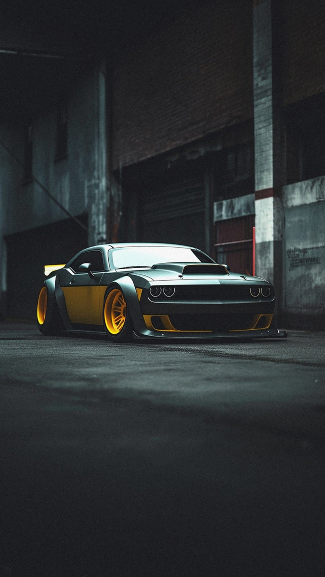 Matte black Dodge Challenger widebody with bright yellow rims parked within a dark, gritty industrial alley.