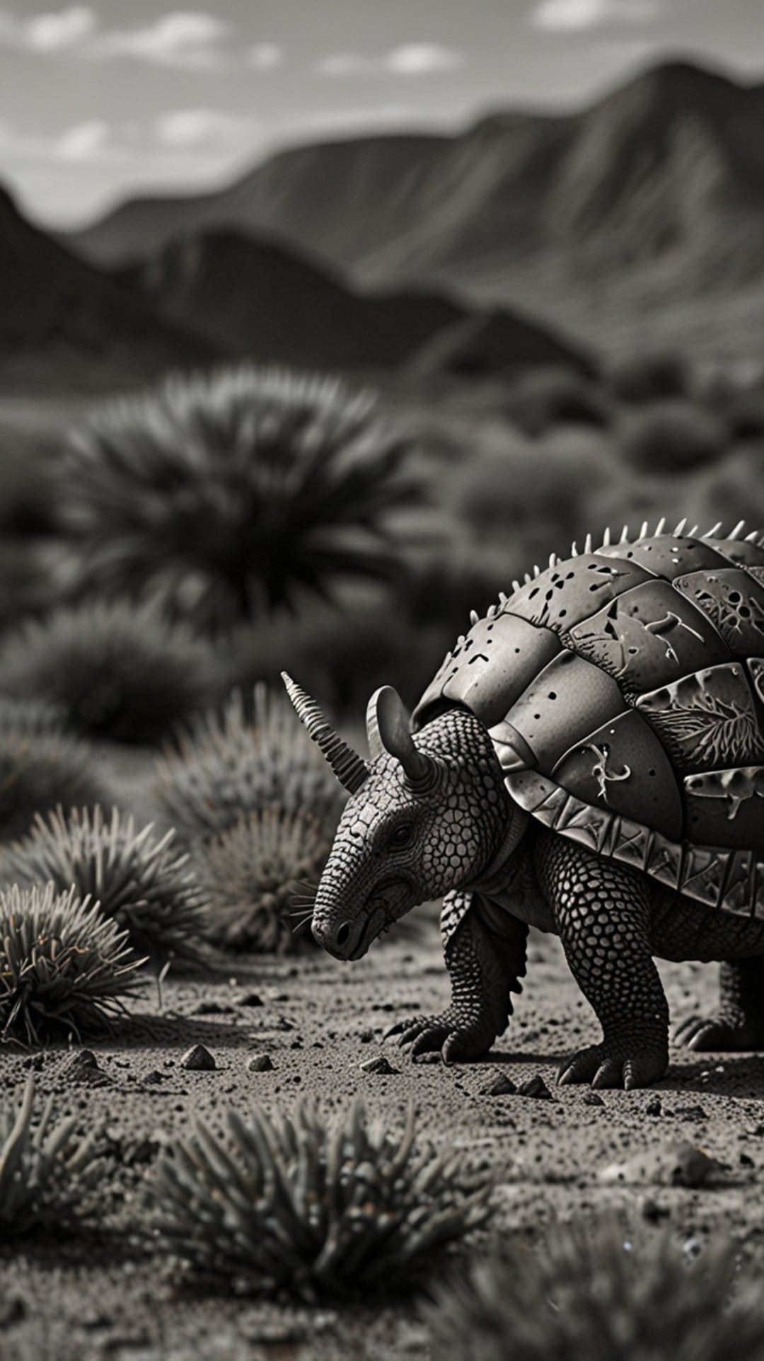 Horned creature with ornate armor walks through a rocky desert under a cloudy sky in monochromatic tones.