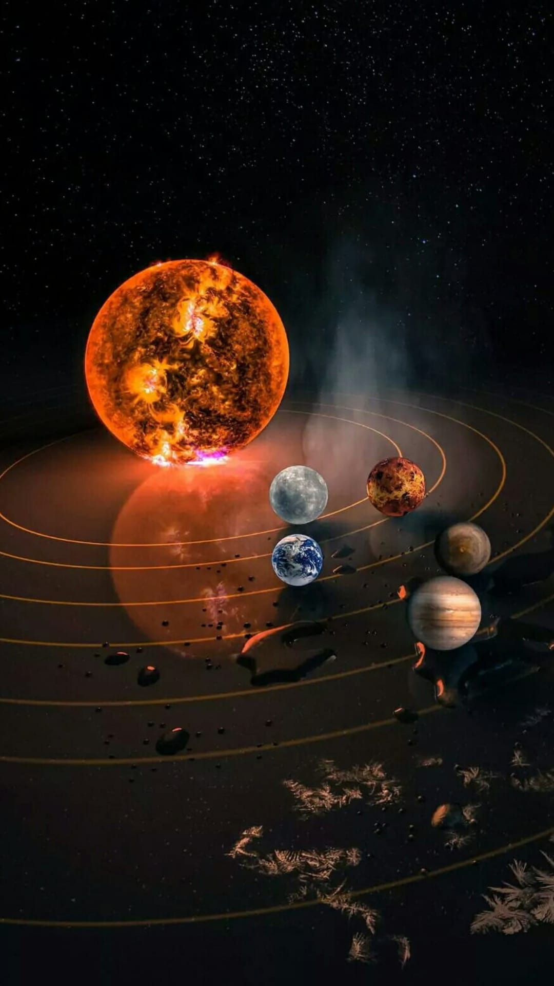 Glowing yellow sun surrounded by planetary orbits, asteroid fragments, and nebula clouds in deep outer space.