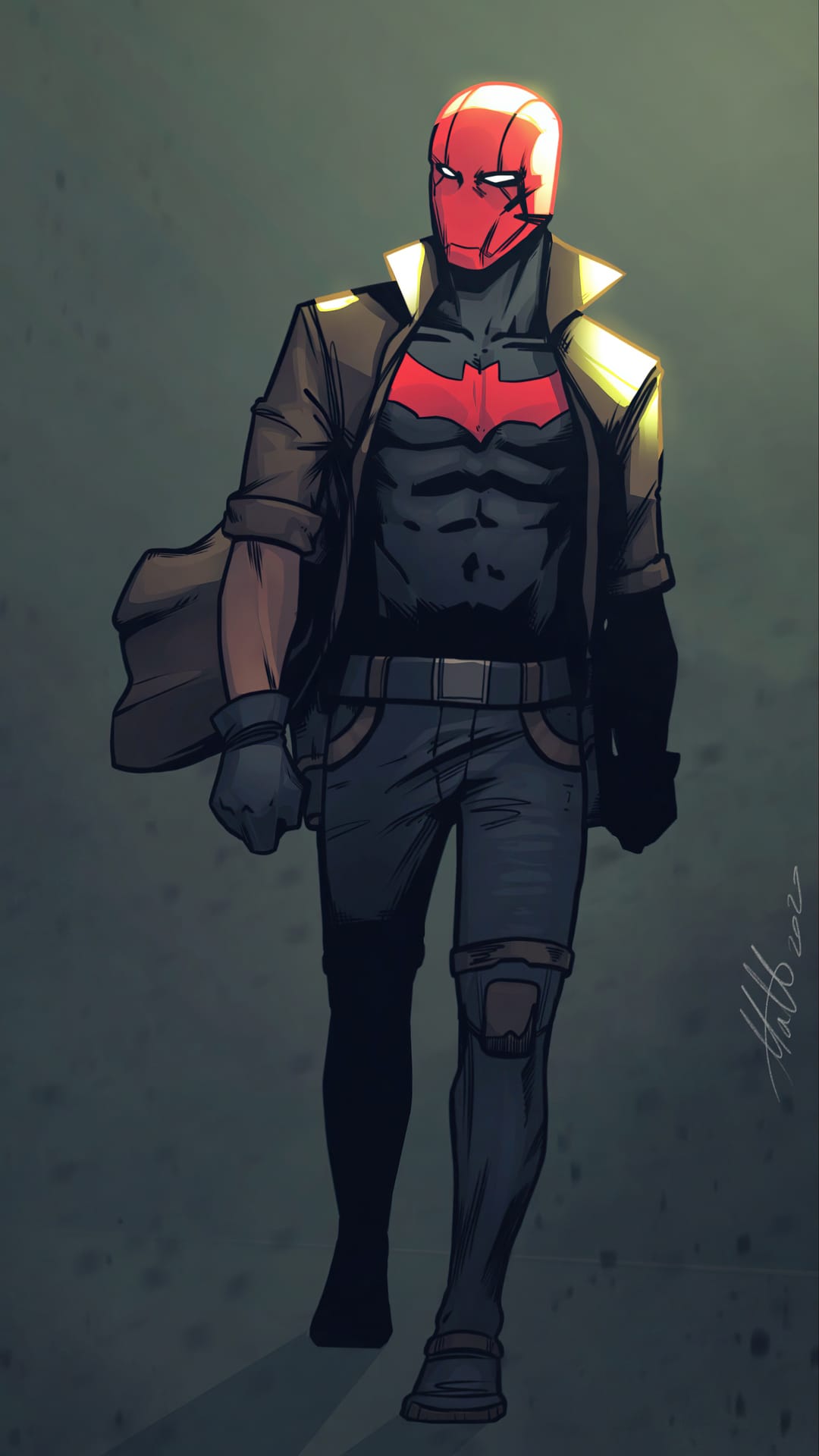 Red Hood stands in a dark tactical suit and brown leather jacket with a glowing red helmet and chest emblem.