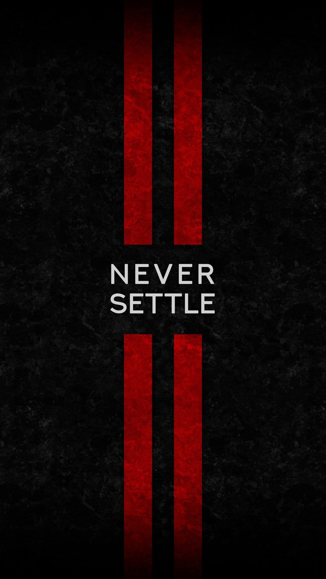 Never Settle slogan in white centered between two vertical red lines on a dark grainy textured background.