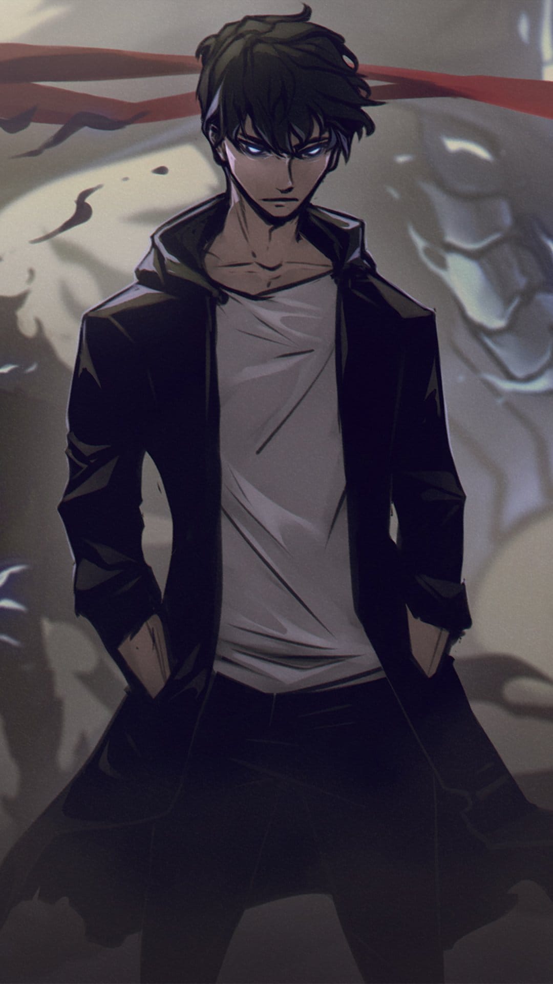 Sung Jinwoo with glowing blue eyes wears a black coat while a dark monstrous silhouette looms in the background.