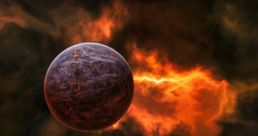 Molten sphere centered amidst swirling orange nebulae and jagged electrical strikes against a dark backdrop.