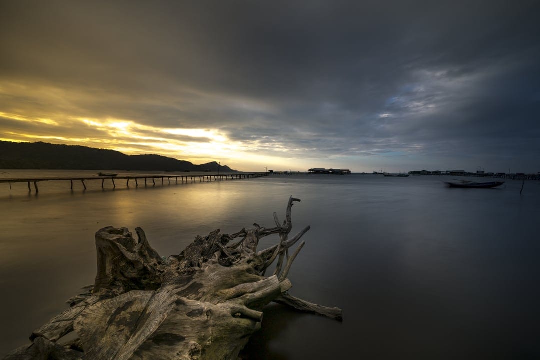 Weathered driftwood sits near a long wooden pier extending into calm water under a dramatic sunset and storm clouds.