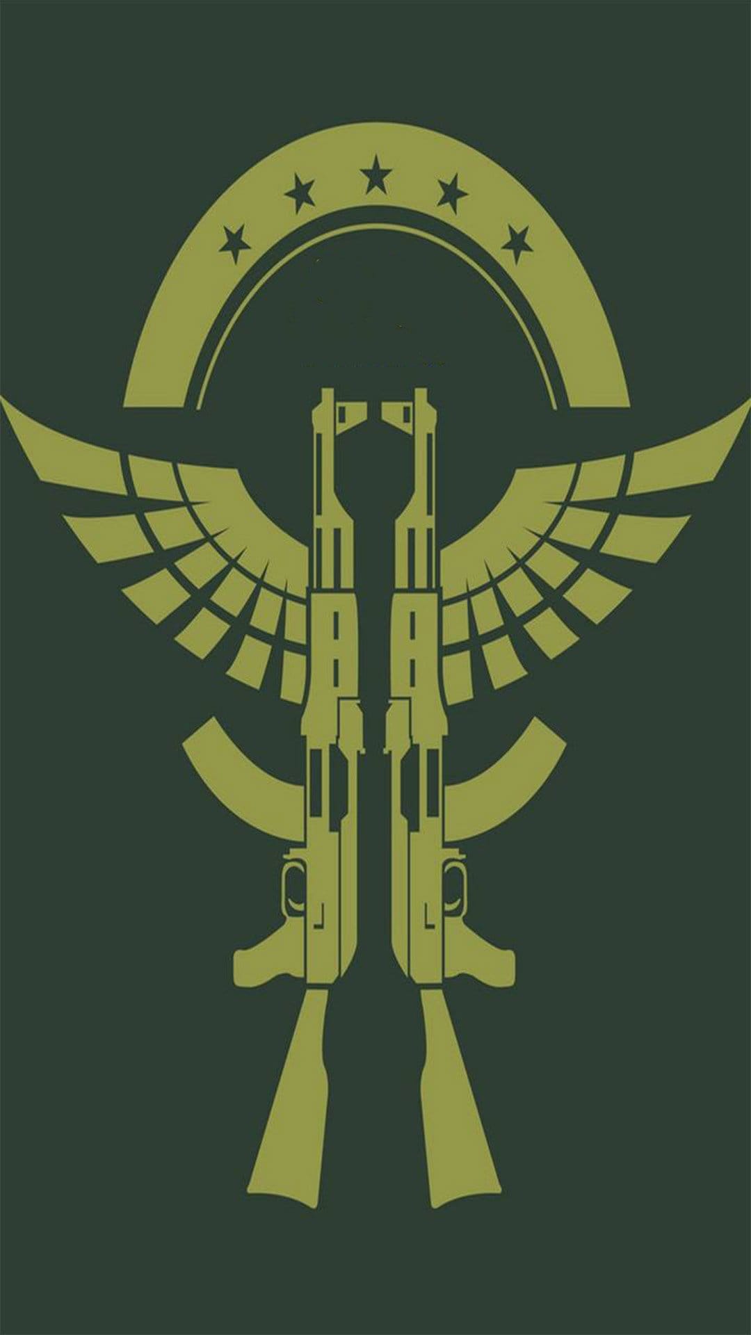 Crossed assault rifles with outstretched wings and a golden star halo on a dark green symmetrical background.