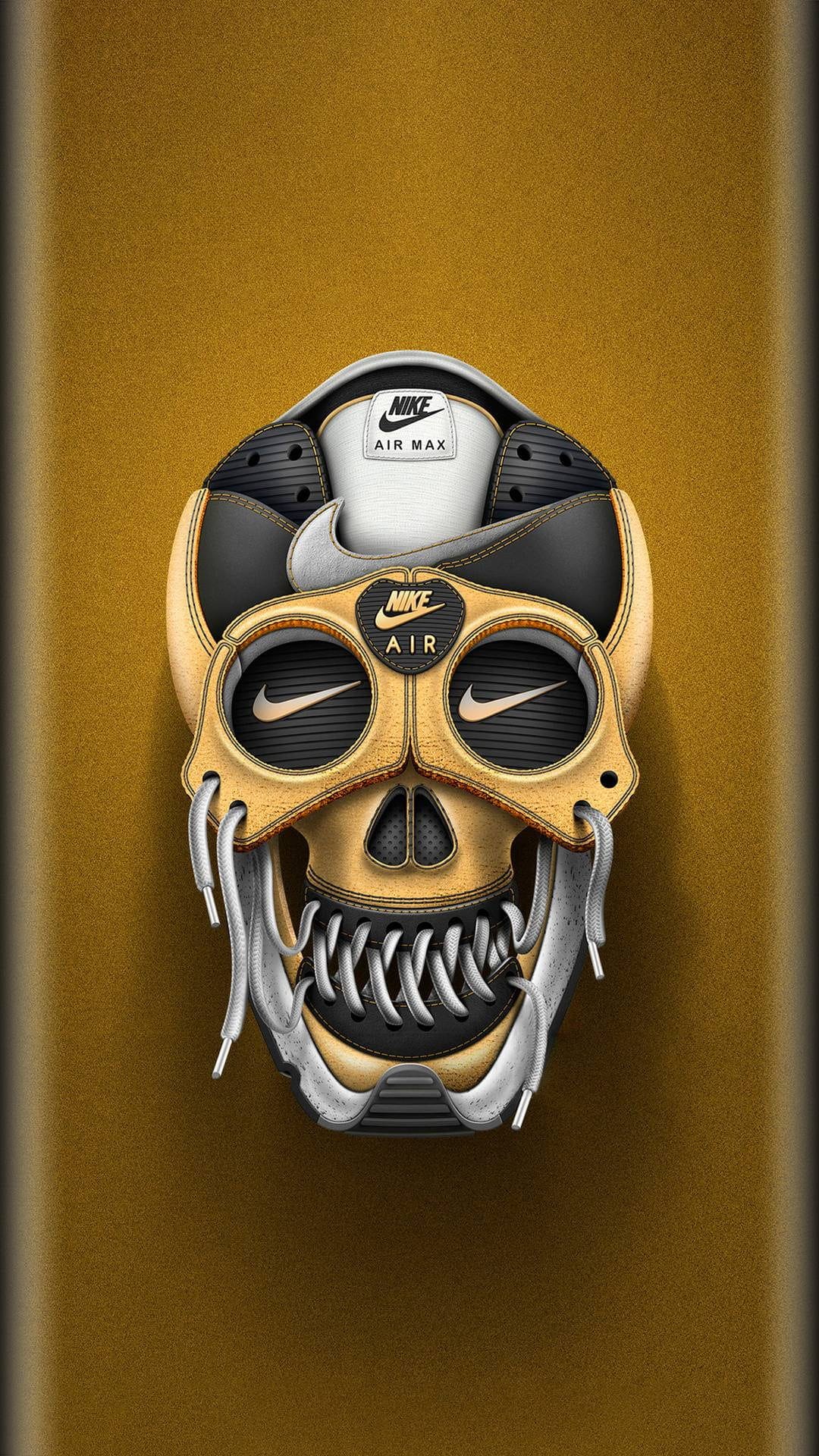 Human skull formed by gold Nike Air Max sneaker parts with a swoosh eye socket on a textured golden background.
