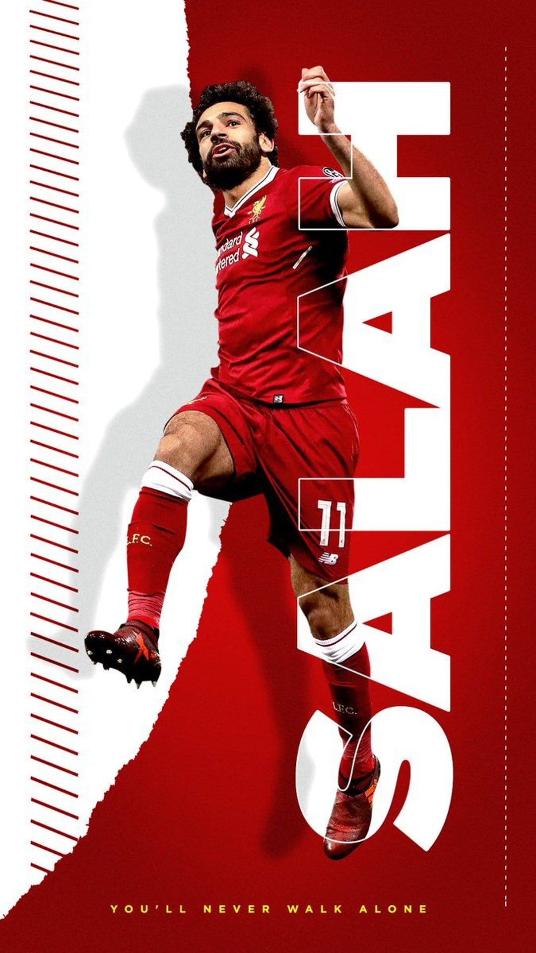Mohamed Salah in a red Liverpool kit runs past a vertical SALAH text overlay on a red and white background.