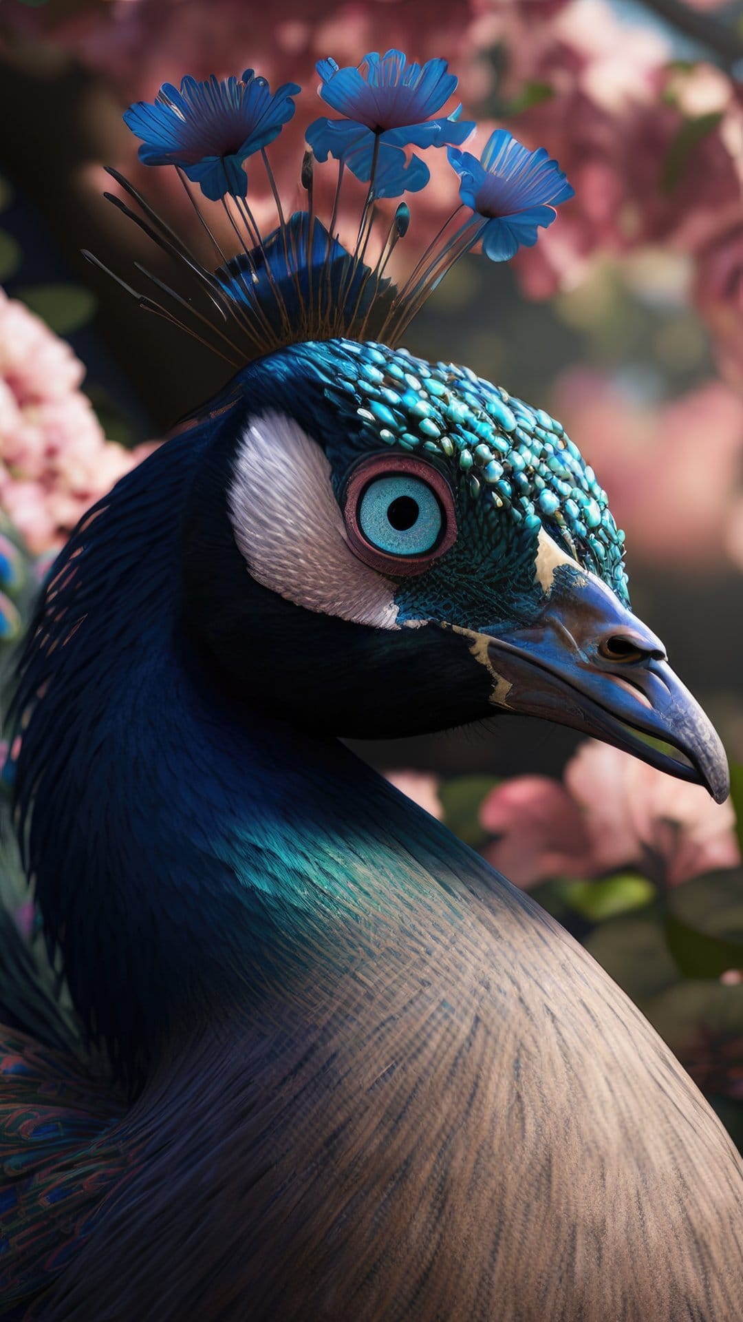 Peacock head with blue flowers in its crest, turquoise eyes, and iridescent plumage against blurred pink petals.